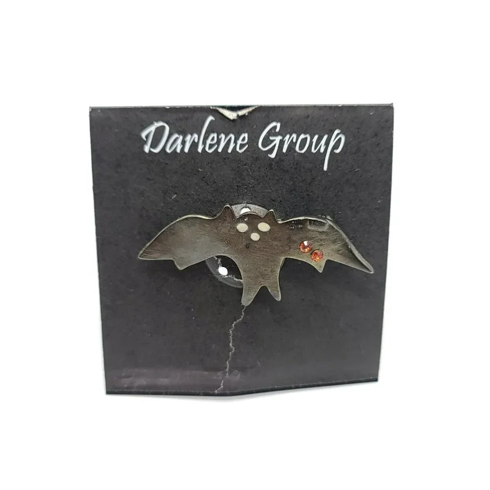 Darlene Group Black Bat Orange Rhinestone Silver Eyes Halloween Brooch Vintage